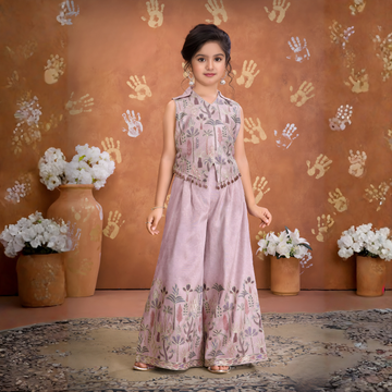 Mauve Botanical Embroidered Top & Palazzo Set For Girls