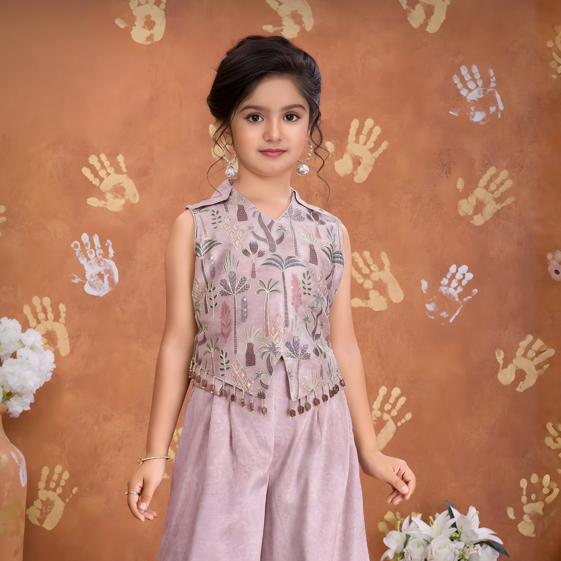 Mauve Botanical Embroidered Top & Palazzo Set For Girls
