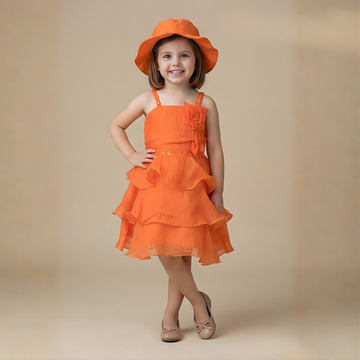 Girls Orange Stylish Sleeveless Frock