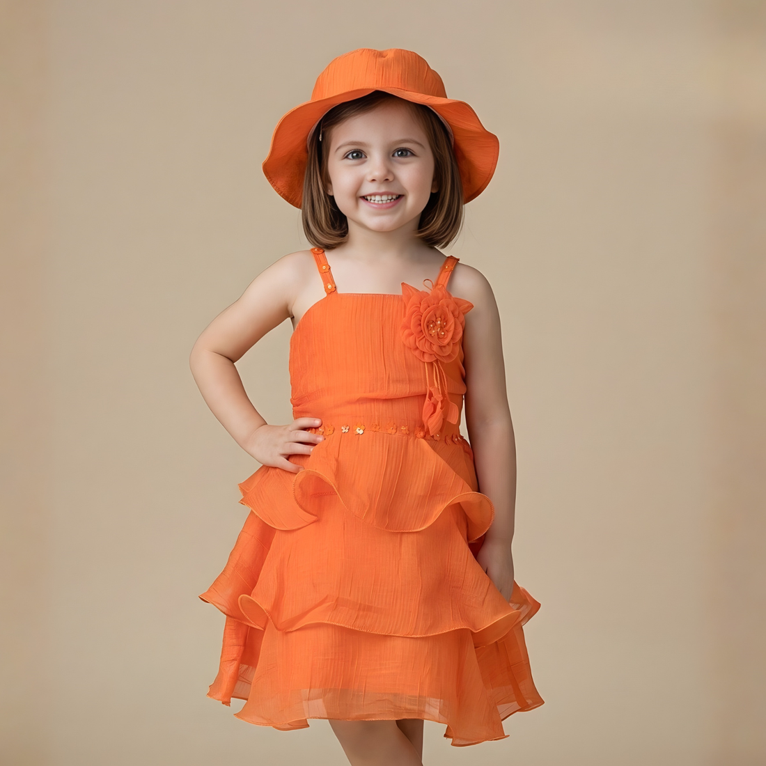 Girls Orange Stylish Sleeveless Frock