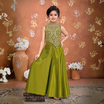 Green With Thread Embroidery Palazzo Set For Girls