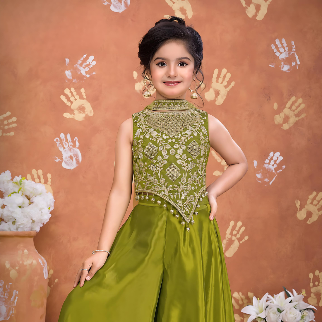 Green With Thread Embroidery Palazzo Set For Girls