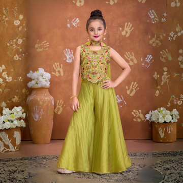 Green Embroidered Palazzo Set with Dupatta For Girls