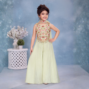 Cream Embroidered Palazzo Set with Dupatta For Girls