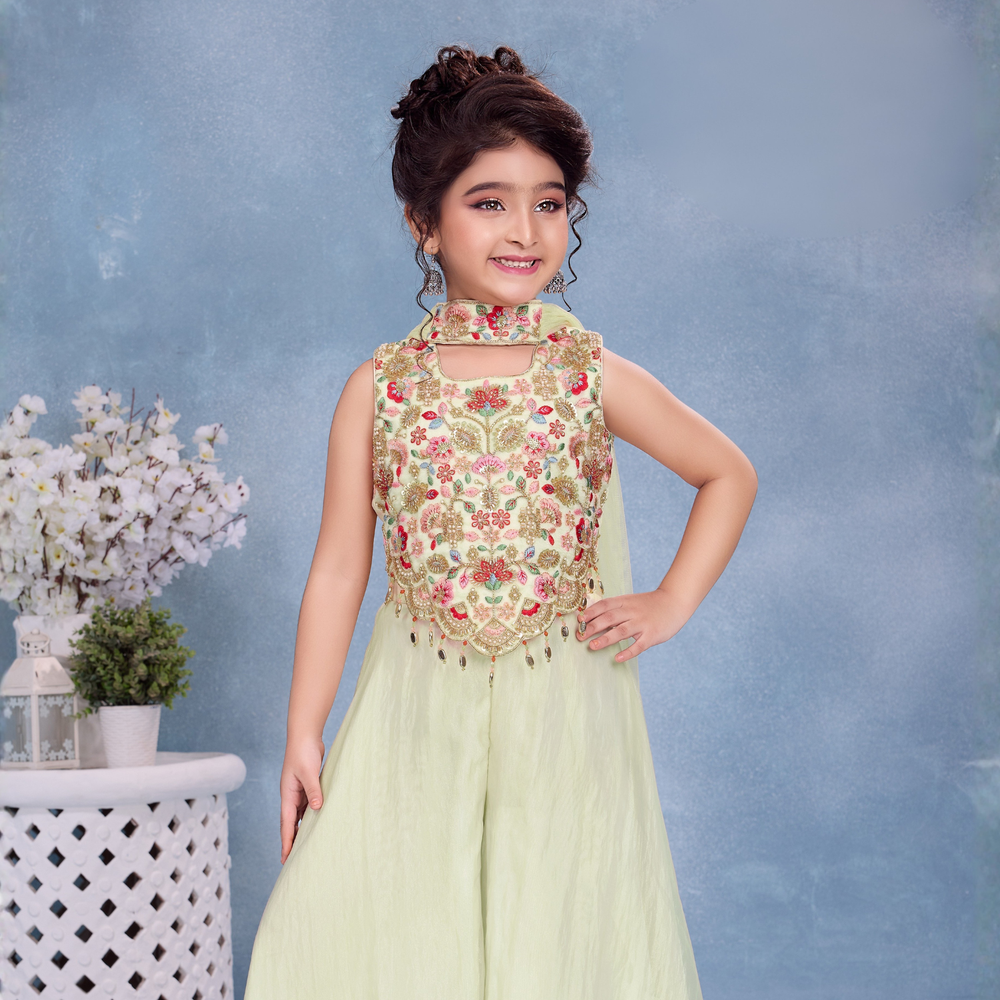 Cream Embroidered Palazzo Set with Dupatta For Girls