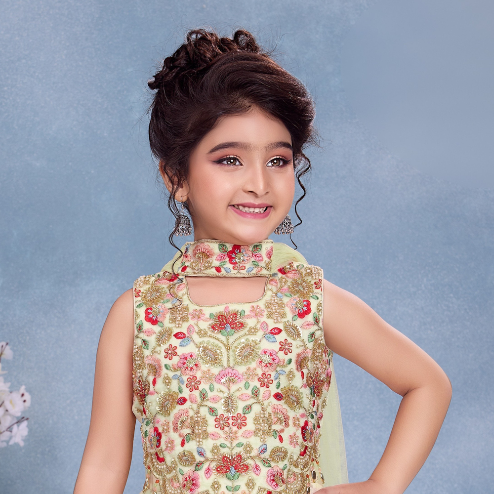 Cream Embroidered Palazzo Set with Dupatta For Girls