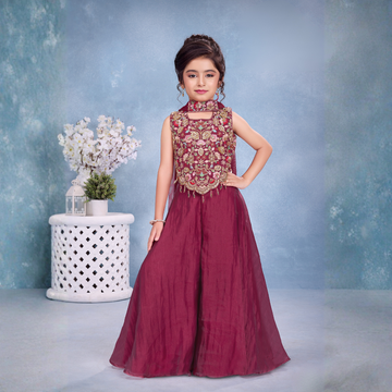 Maroon Embroidered Palazzo Set with Dupatta For Girls