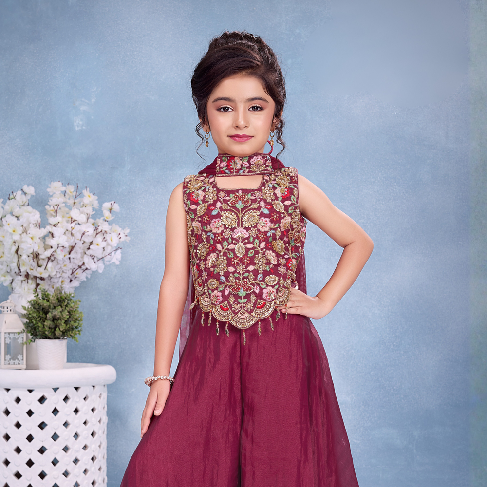 Maroon Embroidered Palazzo Set with Dupatta For Girls