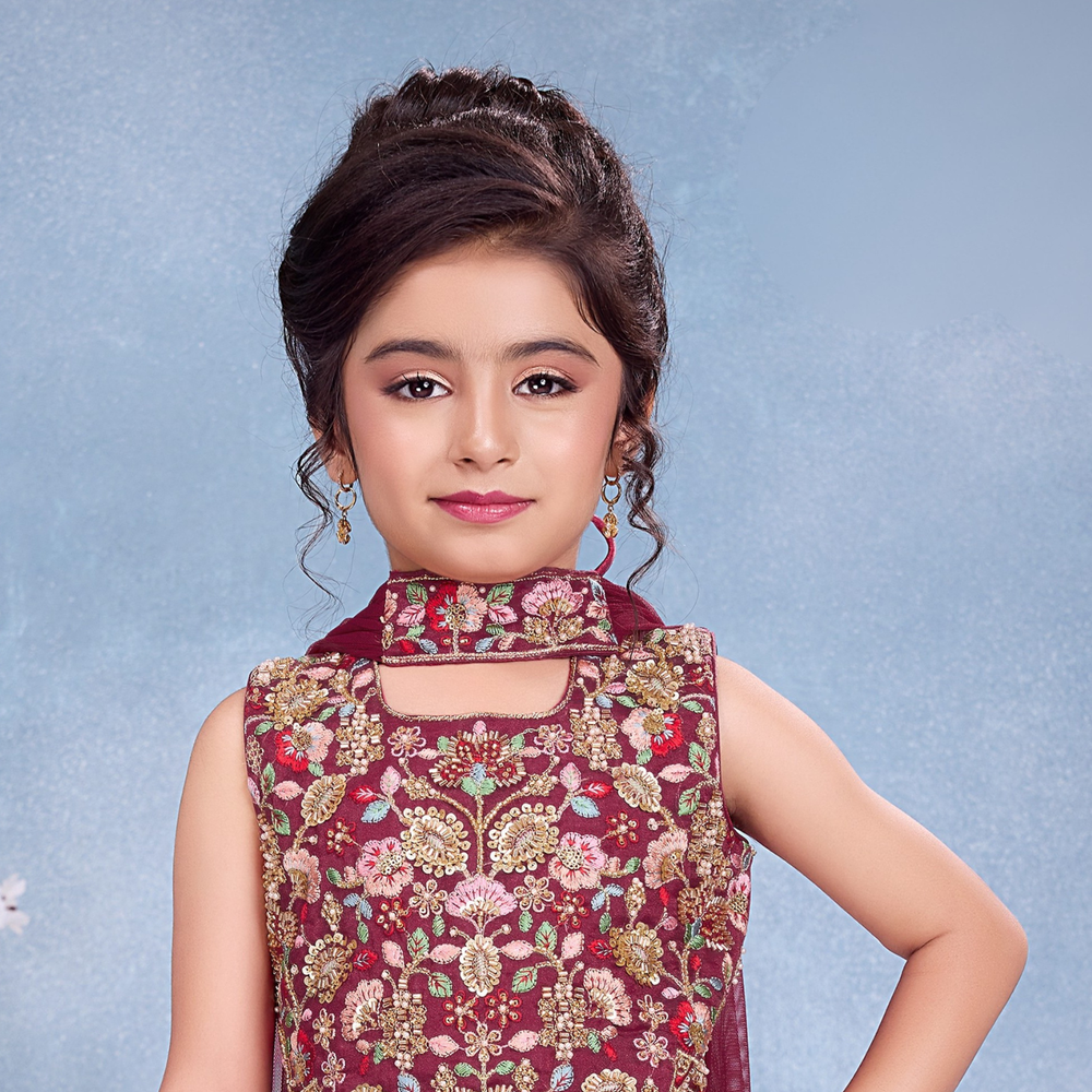 Maroon Embroidered Palazzo Set with Dupatta For Girls