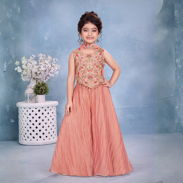 Peach Embroidered Palazzo Set with Dupatta For Girls