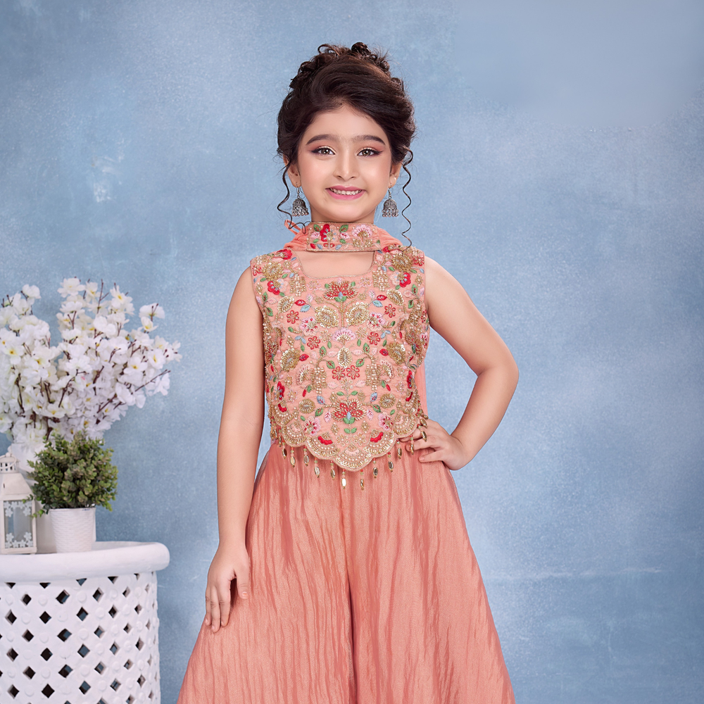 Peach Embroidered Palazzo Set with Dupatta For Girls