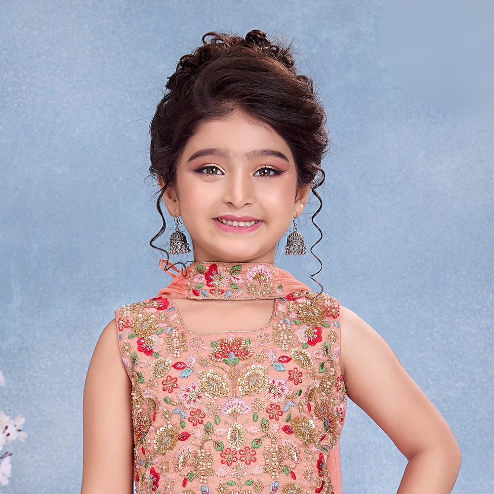 Peach Embroidered Palazzo Set with Dupatta For Girls