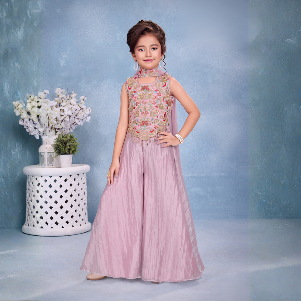 Purple Embroidered Palazzo Set with Dupatta For Girls