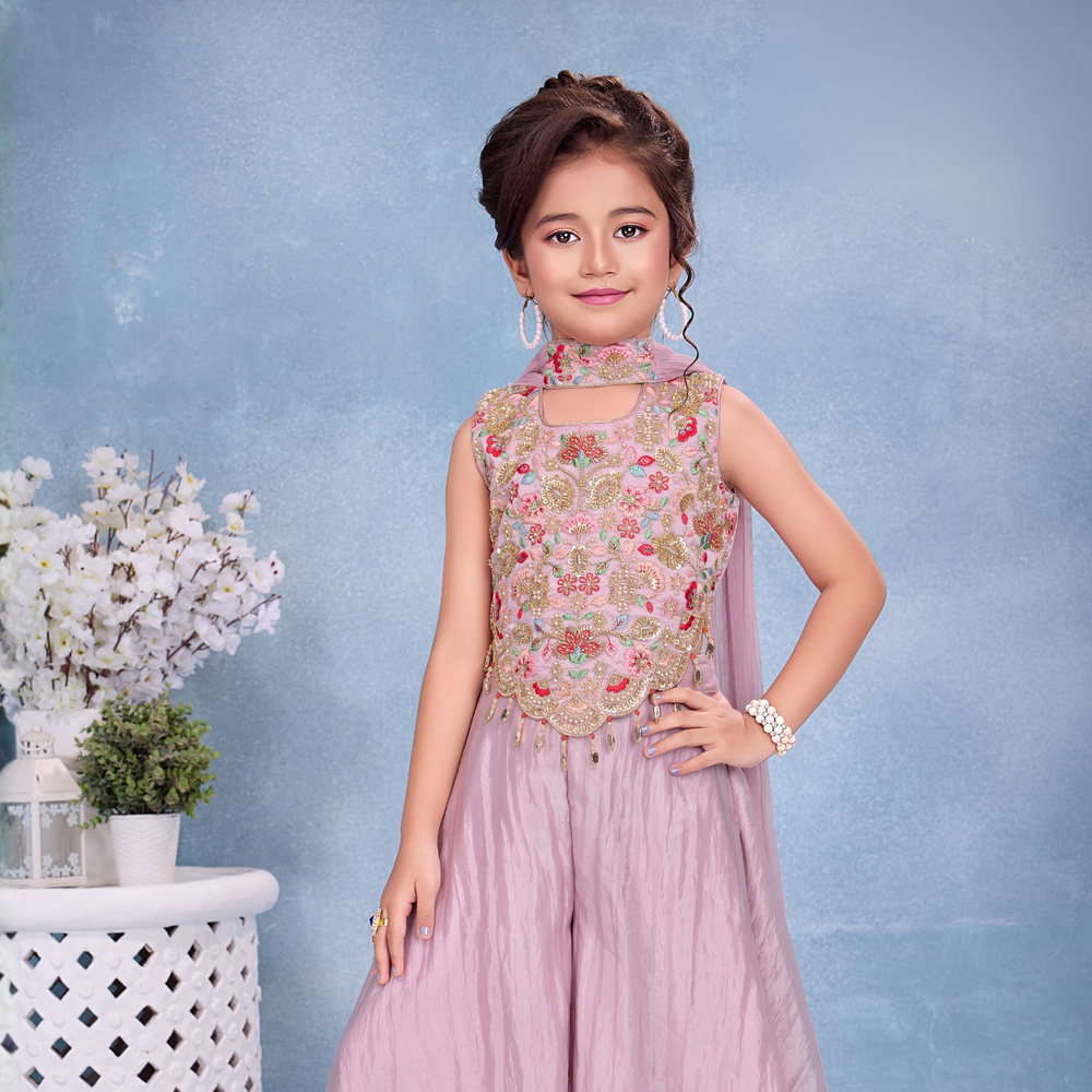 Purple Embroidered Palazzo Set with Dupatta For Girls