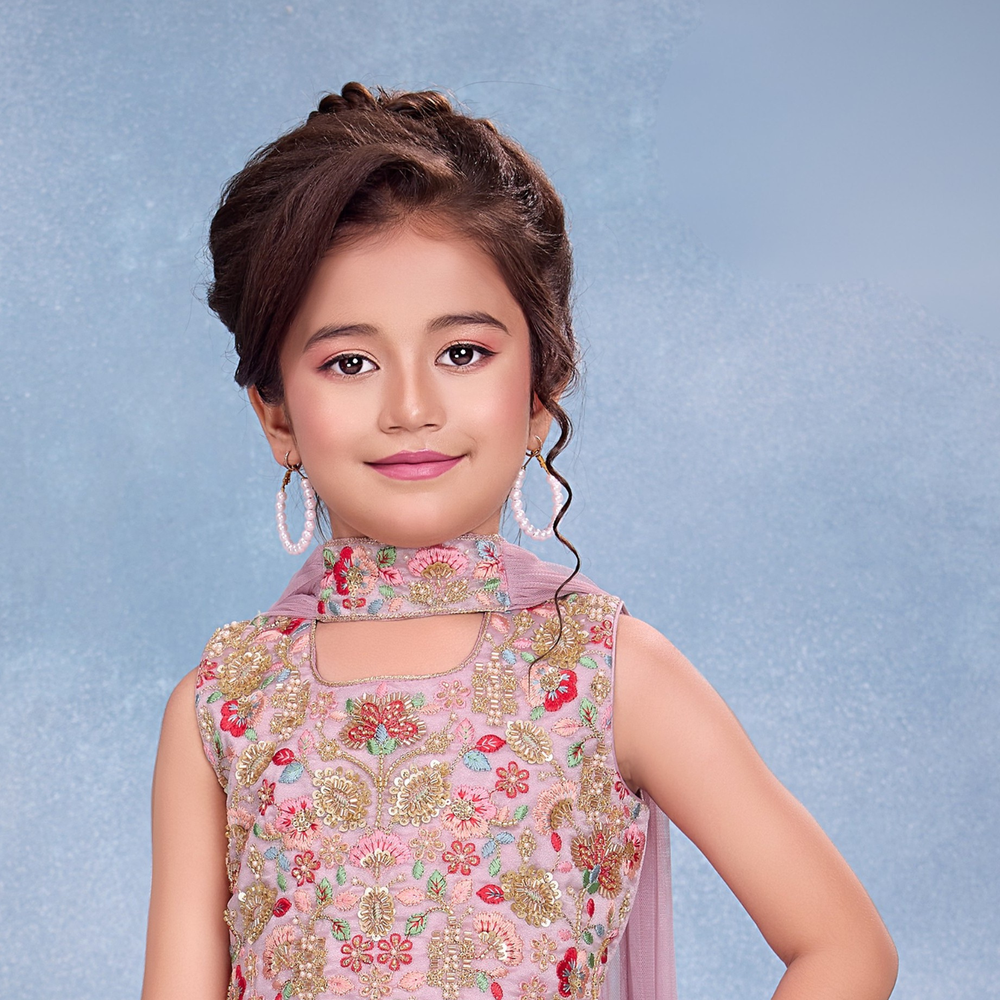 Purple Embroidered Palazzo Set with Dupatta For Girls