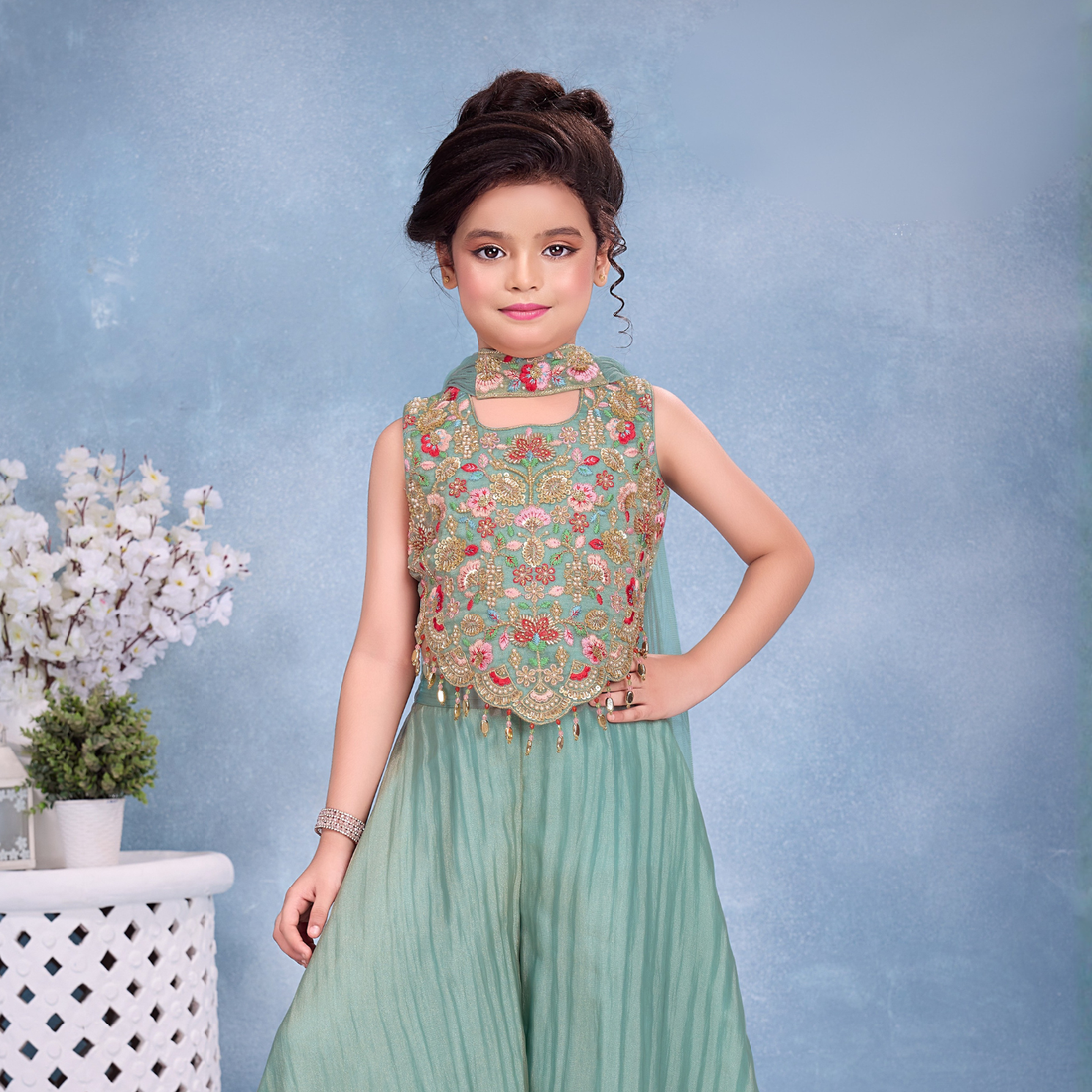 Pista Embroidered Palazzo Set with Dupatta For Girls