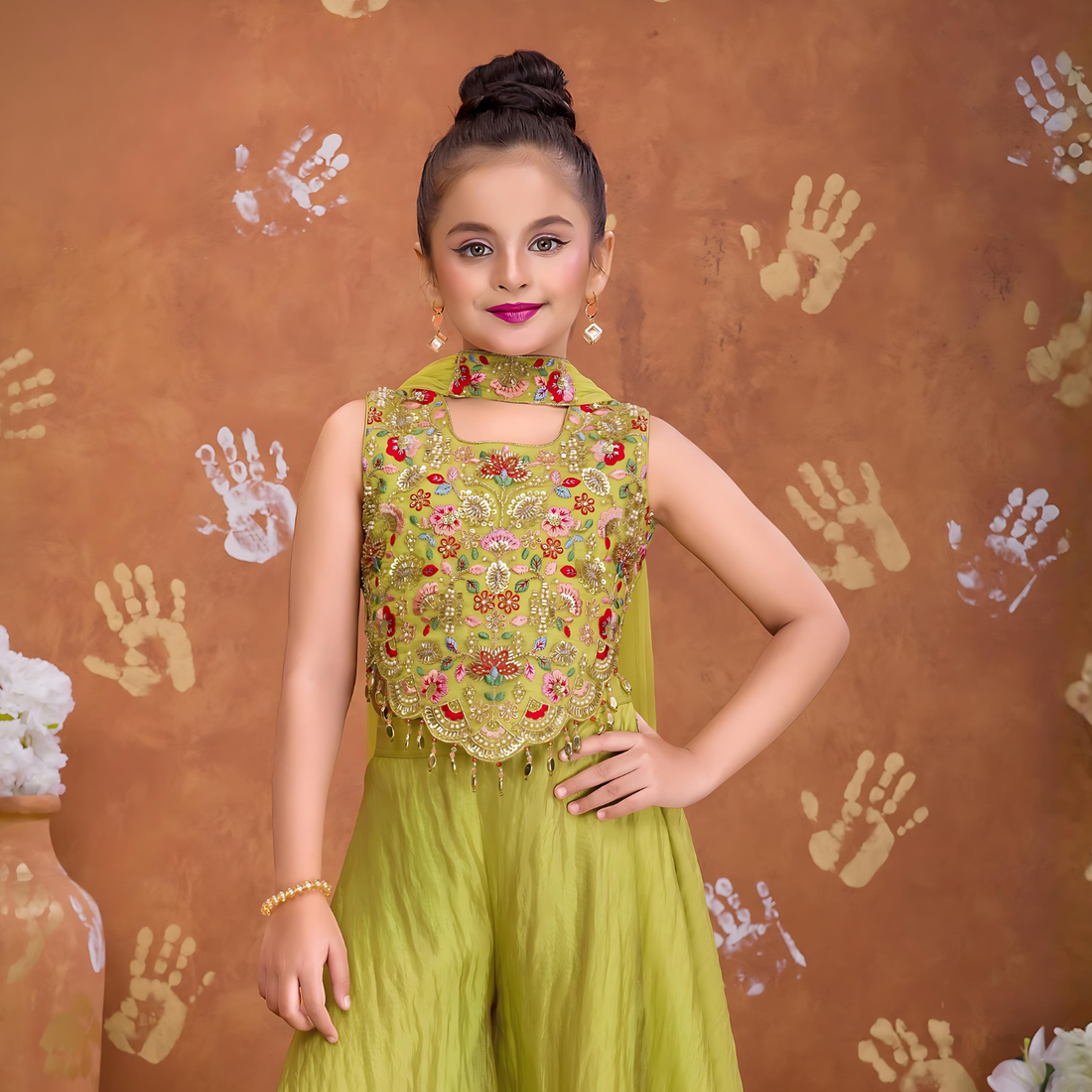Green Embroidered Palazzo Set with Dupatta For Girls