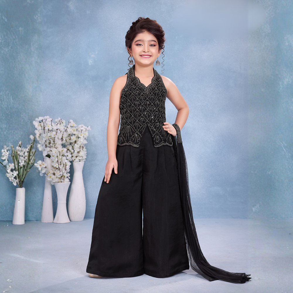 Black Georgette Sequins Embroidered Girl's Palazzo Suit