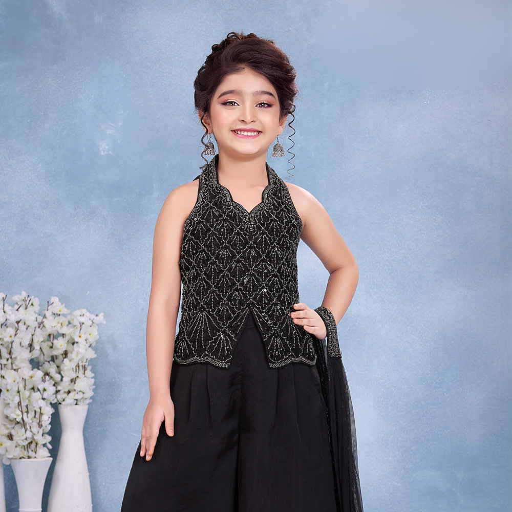 Black Georgette Sequins Embroidered Girl's Palazzo Suit