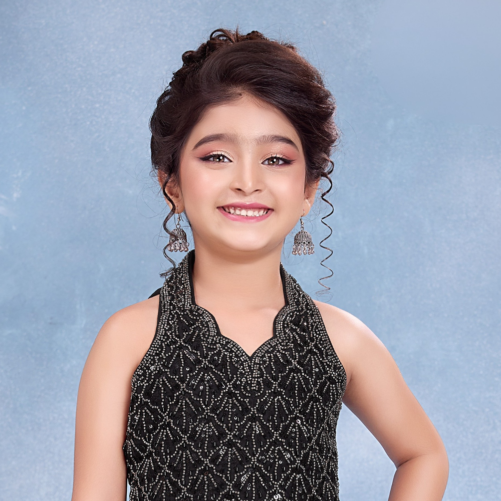 Black Georgette Sequins Embroidered Girl's Palazzo Suit