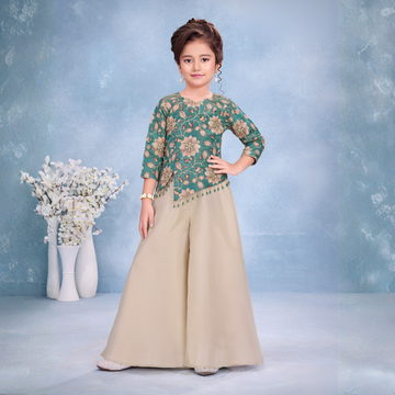 Sea Green Floral Embroidered Palazzo Set For Girls