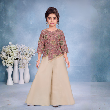 Sea Purple Floral Embroidered Palazzo Set For Girls