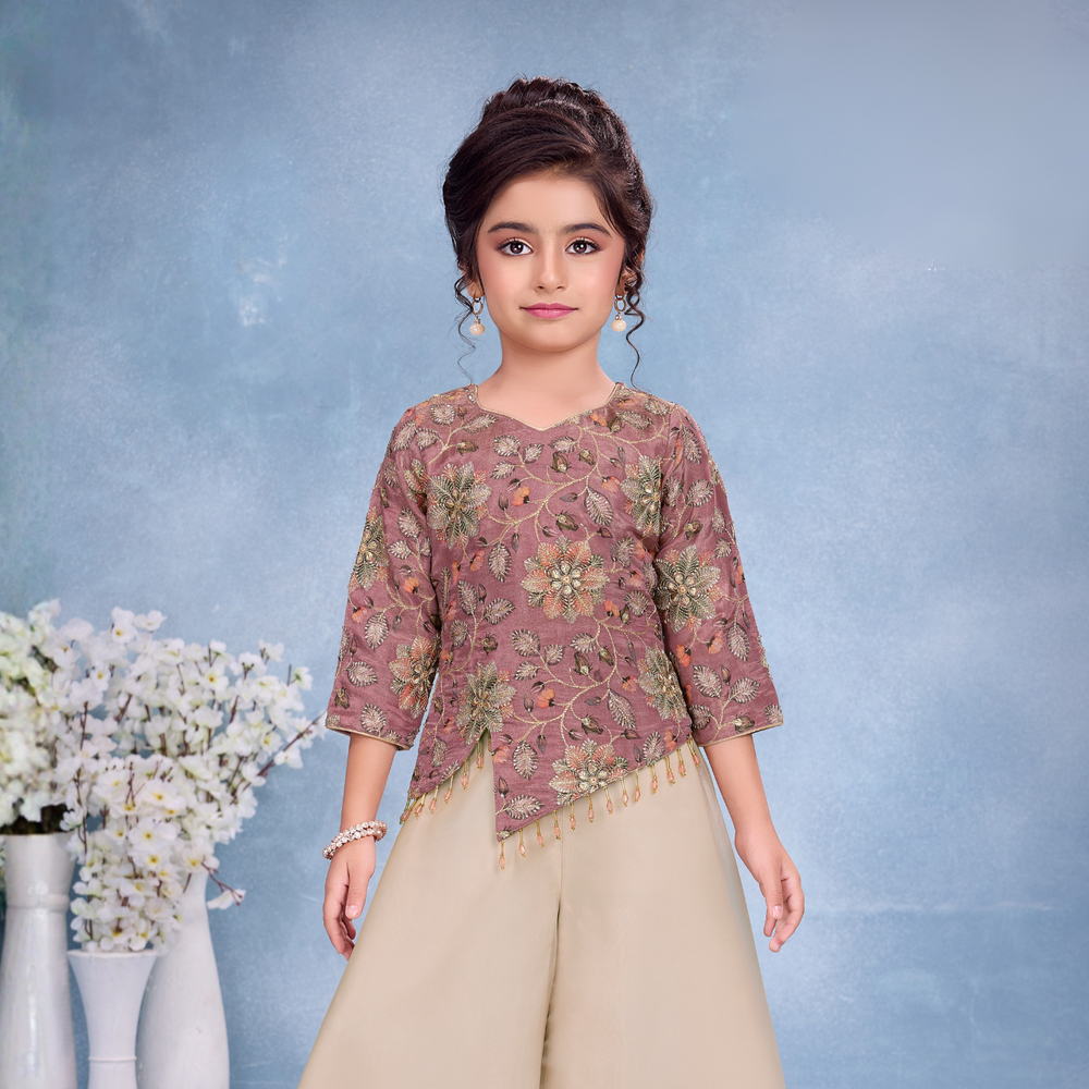 Sea Purple Floral Embroidered Palazzo Set For Girls