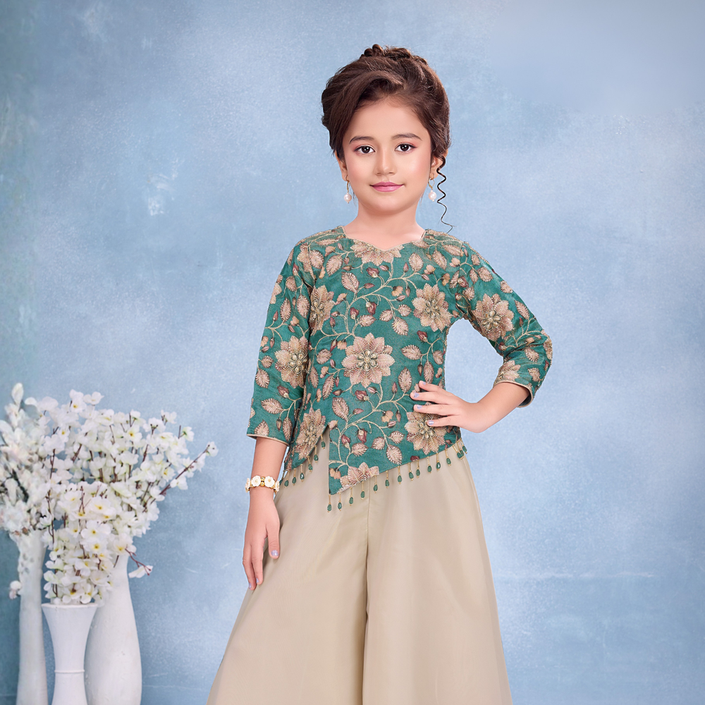 Sea Green Floral Embroidered Palazzo Set For Girls