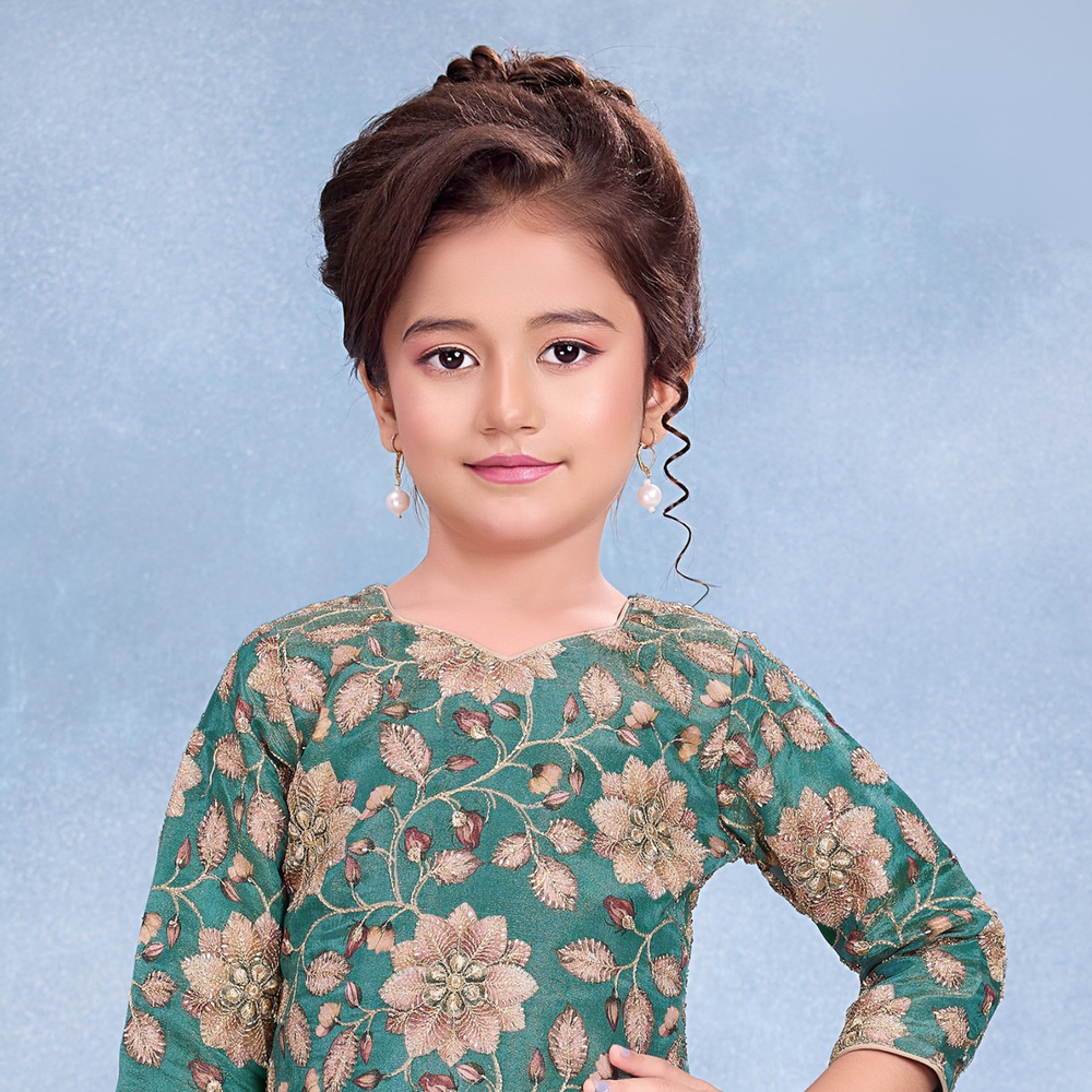 Sea Green Floral Embroidered Palazzo Set For Girls