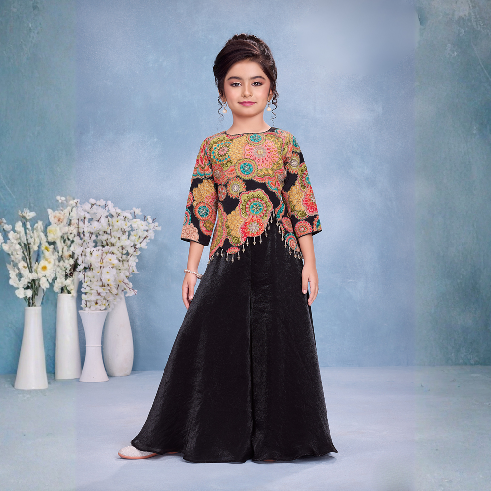 Black Embroidered Palazzo Set For Girls
