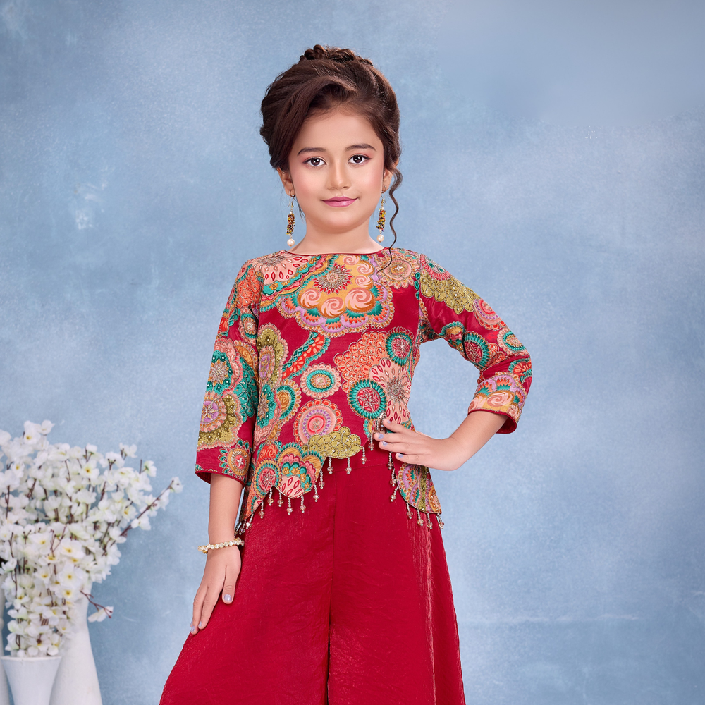 Black Embroidered Palazzo Set For Girls