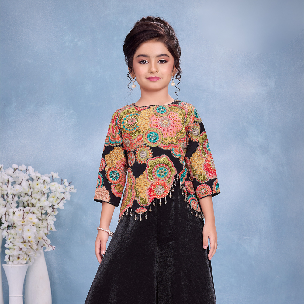 Black Embroidered Palazzo Set For Girls