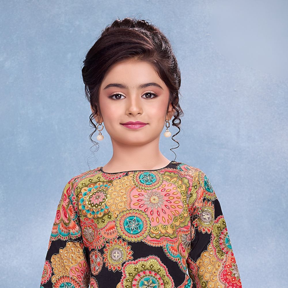 Black Embroidered Palazzo Set For Girls