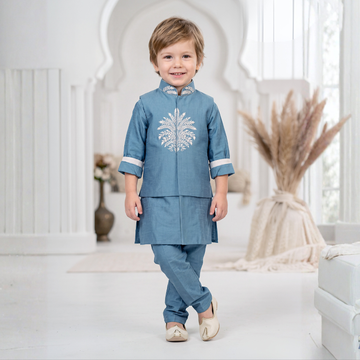 Blue Kurta Set with Blue Printed Jacket Blue Pajama For Boys