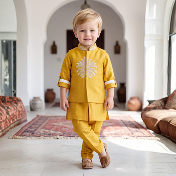 Yellow Kurta Set with Yellow Printed Jacket Yellow Pajama For Boys