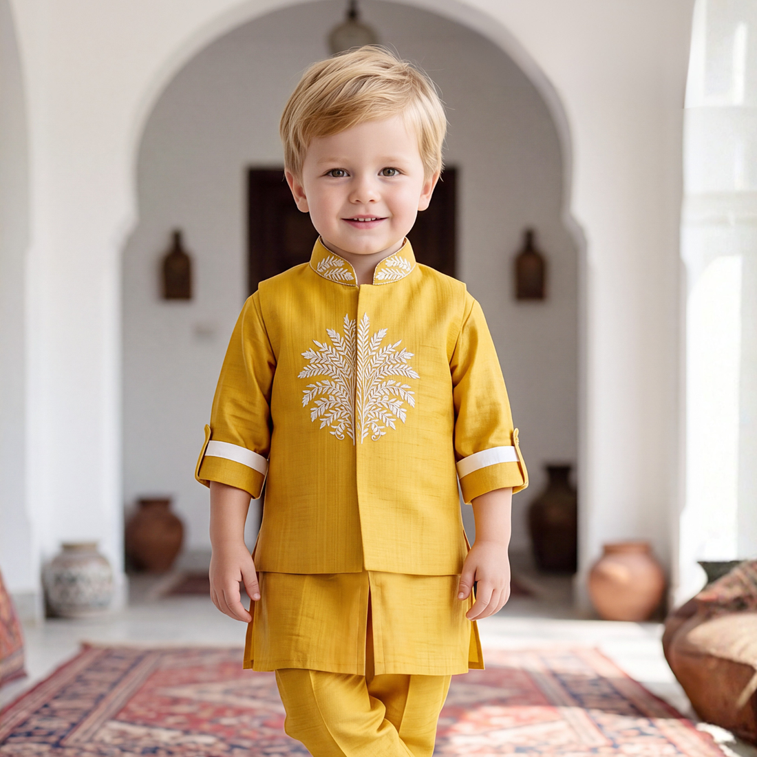 Yellow Kurta Set with Yellow Printed Jacket Yellow Pajama For Boys