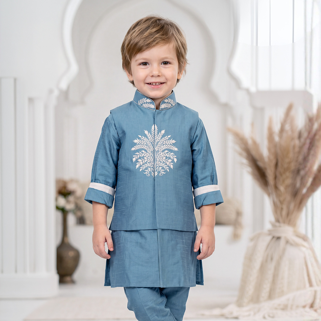 Blue Kurta Set with Blue Printed Jacket Blue Pajama For Boys