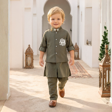 Boys Green Kurta Set with Designer Jacket Wedding & Festive Wear