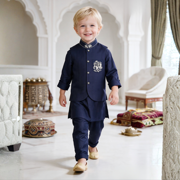 Boys Blue Kurta Set with Designer Jacket Wedding & Festive Wear