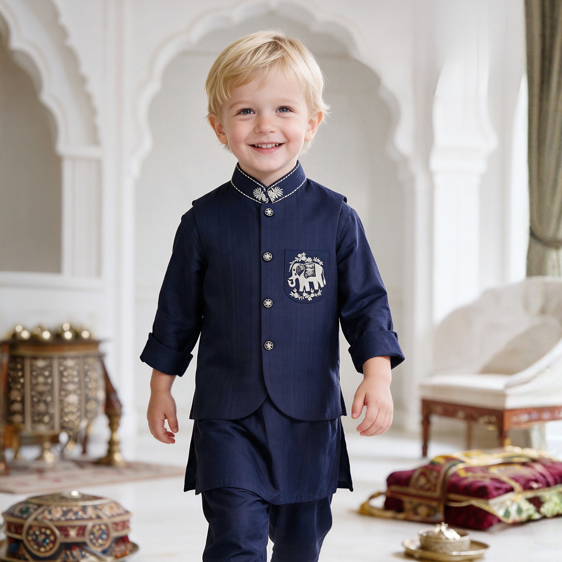 Boys Blue Kurta Set with Designer Jacket Wedding & Festive Wear