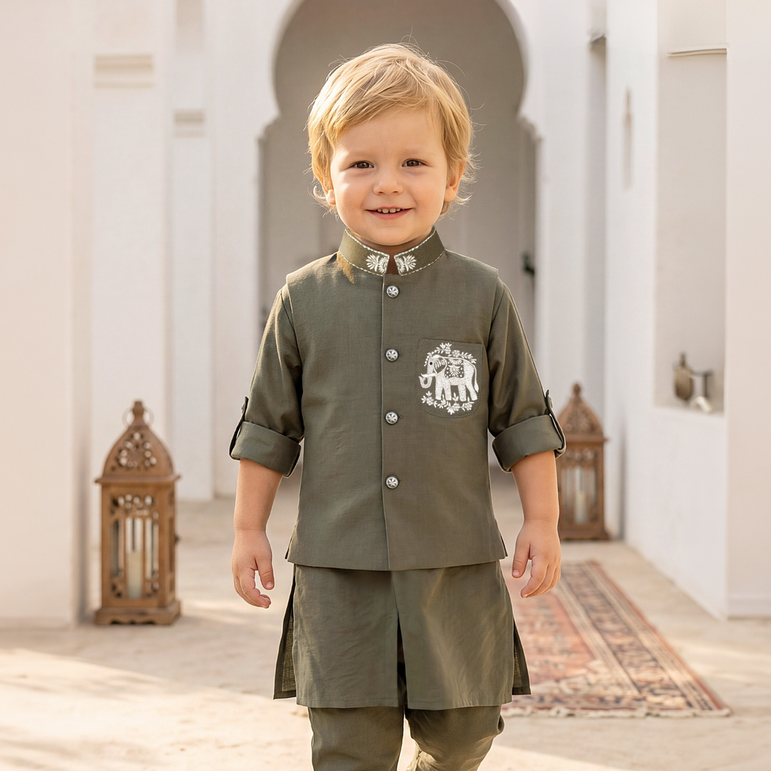 Boys Green Kurta Set with Designer Jacket Wedding & Festive Wear