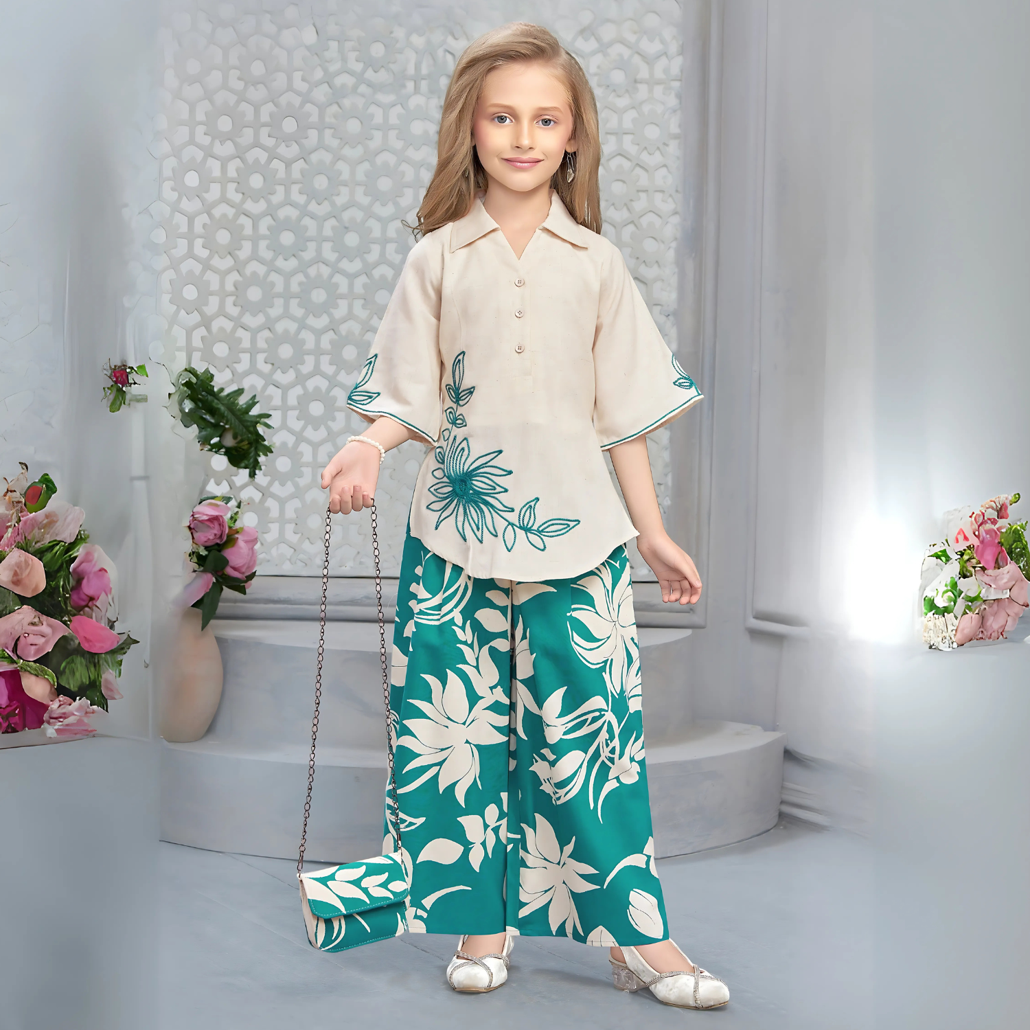 Girls Stylish printed co ord Set With Hand Bag