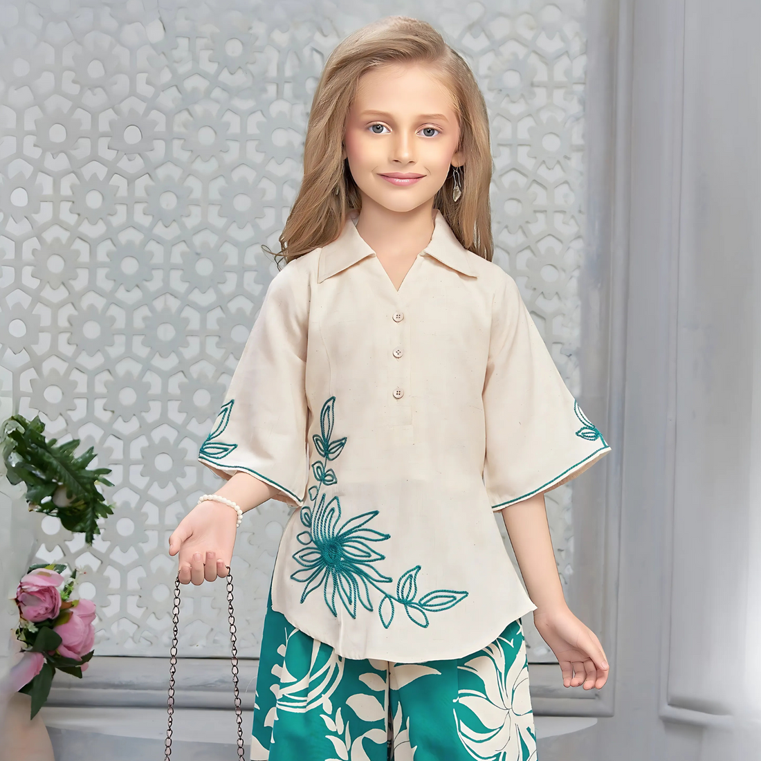 Girls Stylish printed co ord Set With Hand Bag