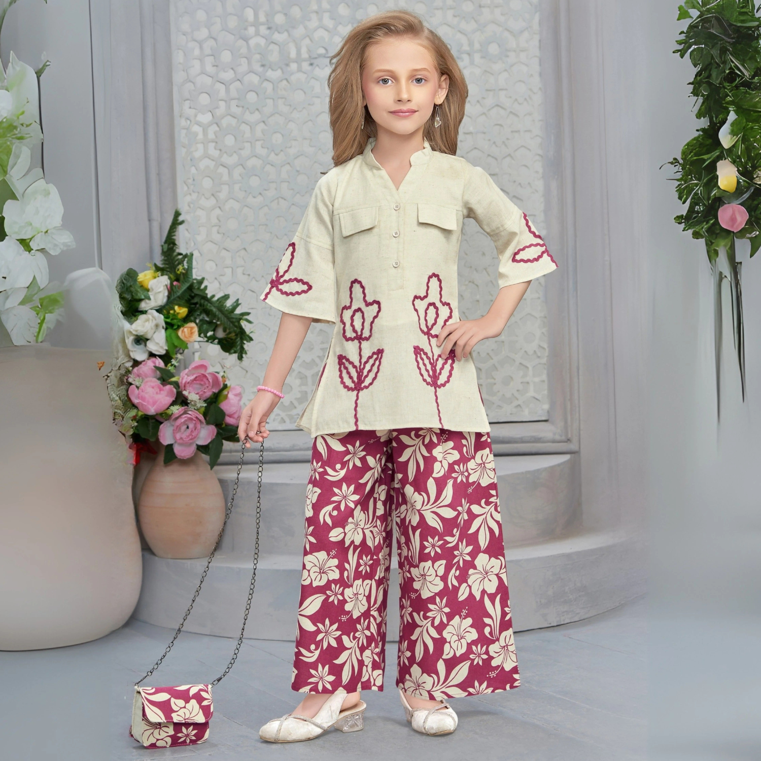 Pink Floral Printed Palazzo Set With Hand Bag