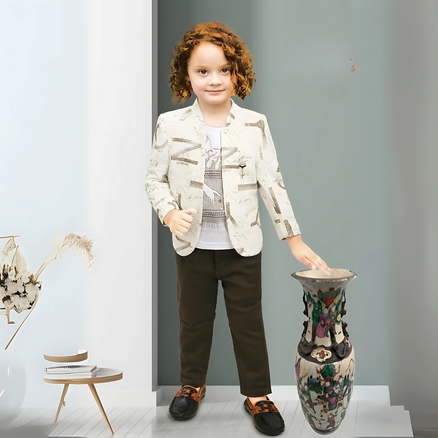 Brown Boys Printed Blazer & T-shirt With Trouser Set