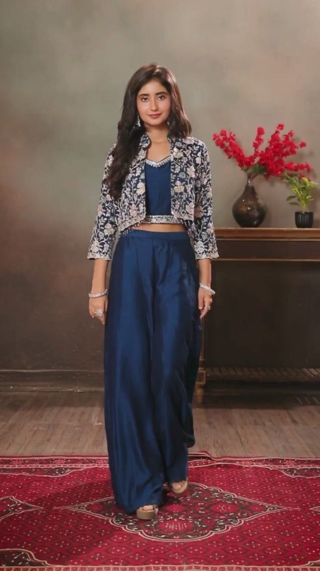 Blue Embroidered Indo-Western Silk Palazzo Set