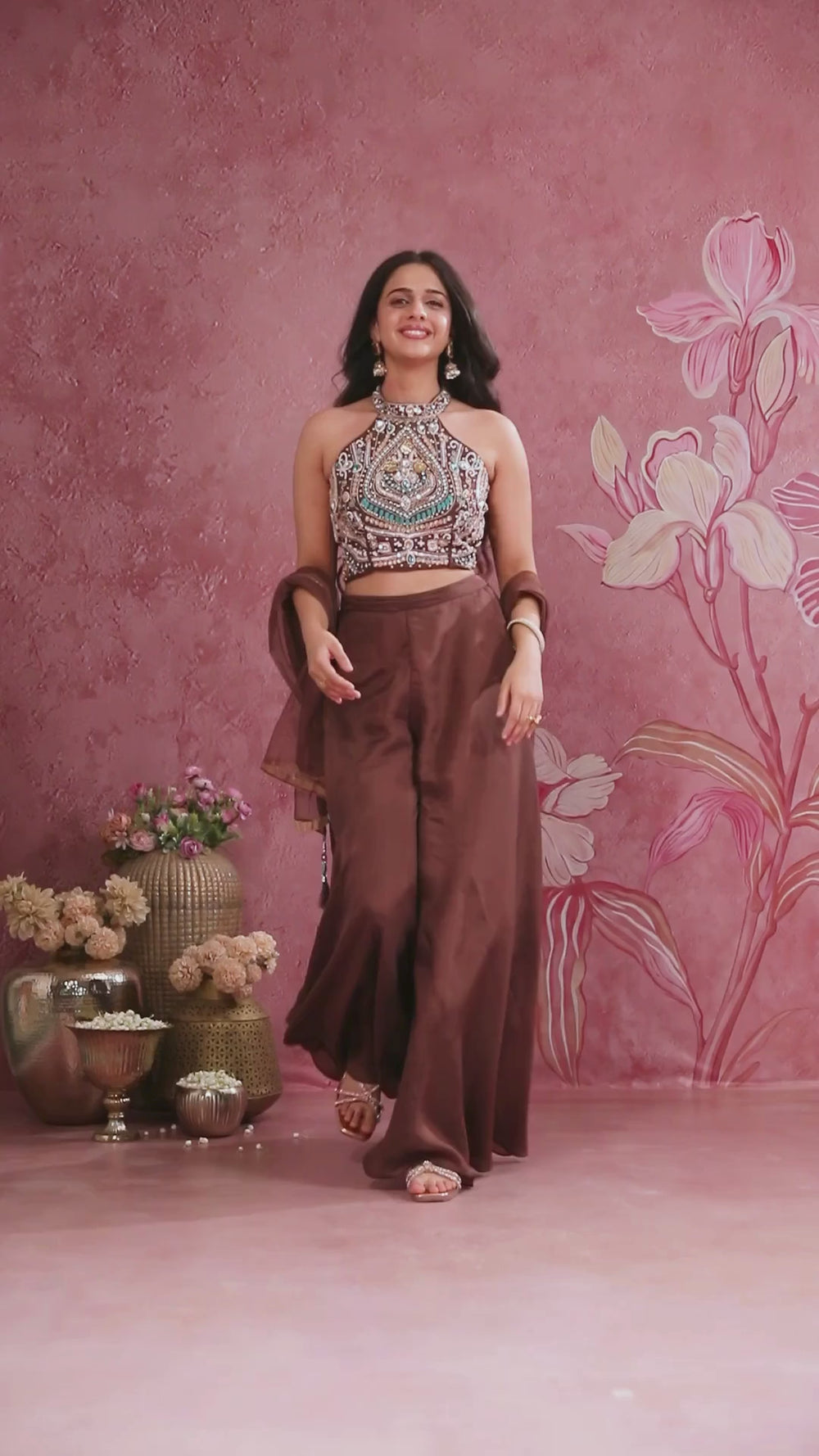 Ladies Brown Embroidered Halter Palazzo Set