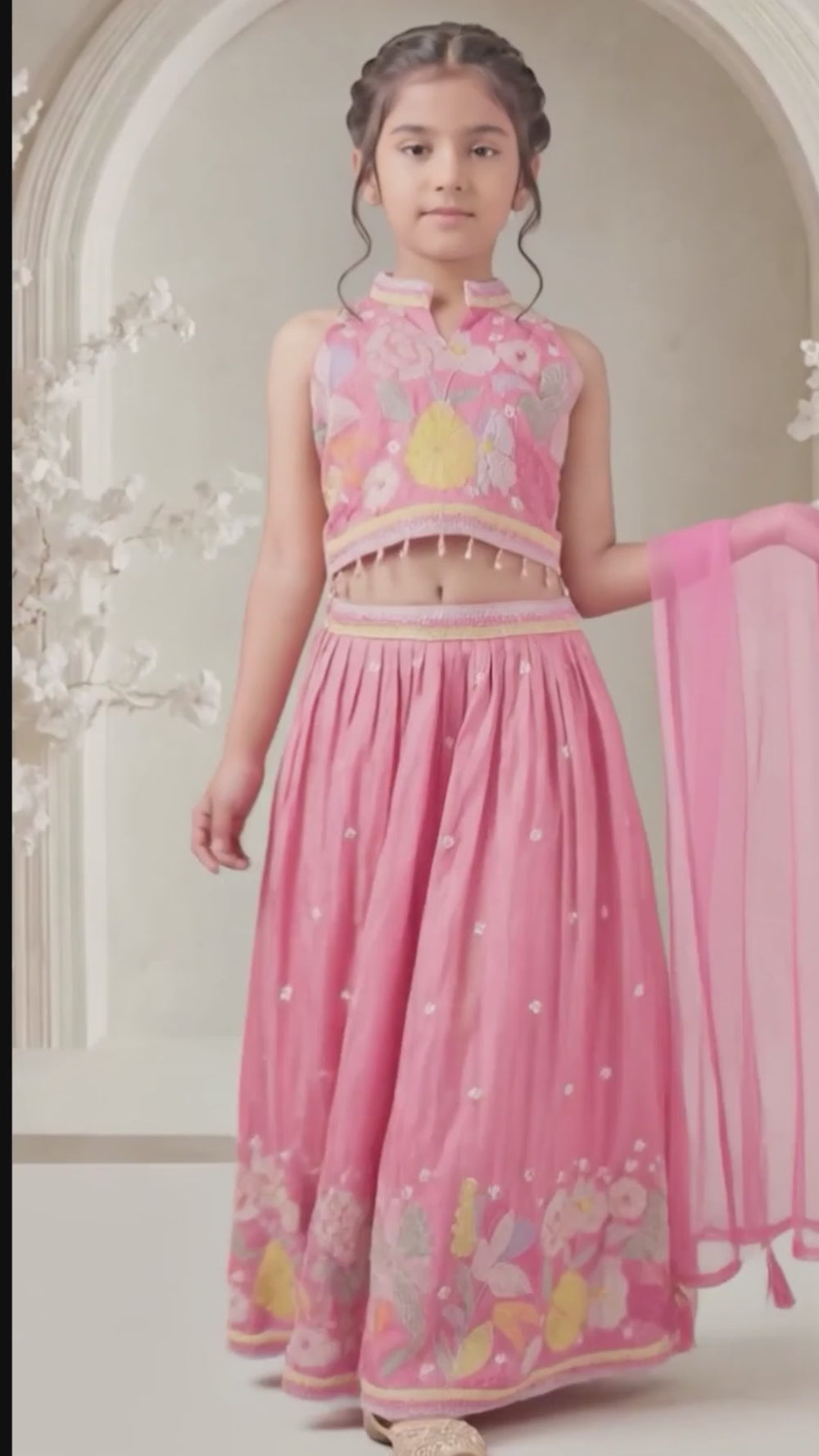 Pink Floral Embroidered Palazzo Set with Matching Dupatta For Girls