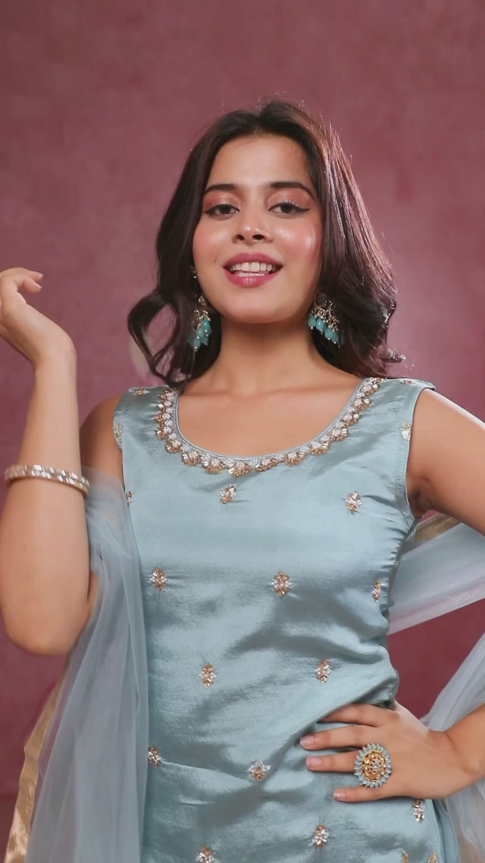 Girls Light Blue Embroidered Palazzo Set with Dupatta